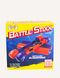 The image displays the Cooee Battle Stixx toy set box, ideal for children aged 6 and above. This sturdy set includes inflatable foam paddles in bright red and purple, encouraging kids to 