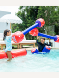 The image displays the Cooee Battle Stixx toy set box, ideal for children aged 6 and above. This sturdy set includes inflatable foam paddles in bright red and purple, encouraging kids to 