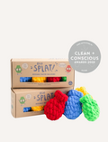 A collection of EcoSplat's eco-friendly water balloons, ideal for sustainable water battles, features boxes of EcoSplat Reusable Water Balloons (4 pcs) alongside five individual balloons in lively shades of red, blue, green, and yellow. A 