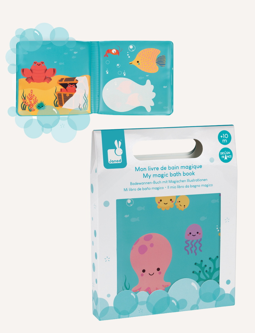 Introducing Janod's Magic Bath Book, a sea-themed sensory adventure! With a cheerful octopus cover, explore playful crabs and fish inside. Perfect for curious minds aged 10 months and up to dive into the wonders of sea creatures today!.