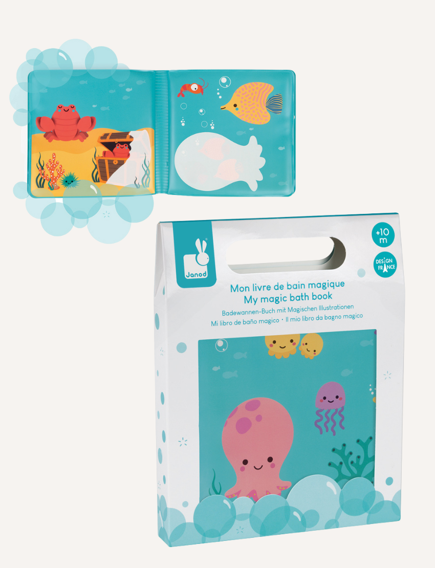 Janod My Magic Bath Book (Octopus theme) in packaging and opened to a page, on a white background.