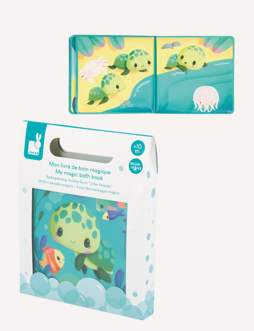 Introducing Janod's Magic Bath Book, a sea-themed sensory adventure! With a cheerful octopus cover, explore playful crabs and fish inside. Perfect for curious minds aged 10 months and up to dive into the wonders of sea creatures today!.