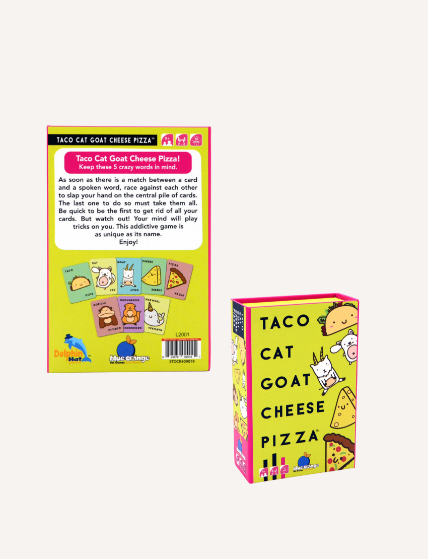 The image displays the front and back of a box for the "Taco Cat Goat Cheese Pizza Game," a product by VR Distribution. The box is adorned with vibrant illustrations of animals and food, while the back offers instructions and game details, highlighting its fast-paced gameplay.