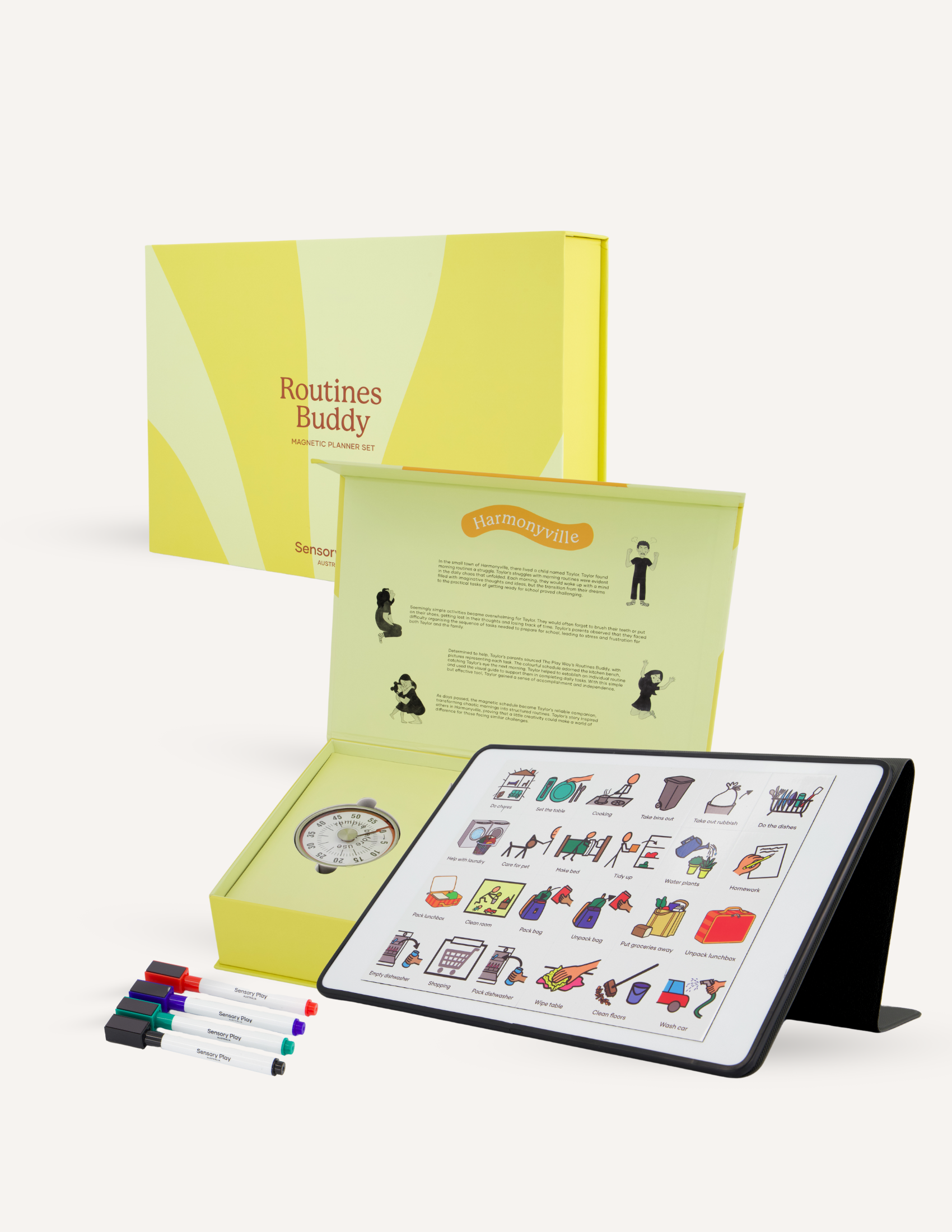 The "Routines Package" by The Play Way offers a sensory-friendly stationery kit with a standing display of illustrated daily routine icons, colored markers, and a yellow box with green accents, partially open to reveal its thoughtfully printed interior.