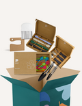 The Sensory Friendly Food Handling Kit by The Play Way comes in a cardboard box containing an assortment of kitchen utensils, ideal for enhancing fine motor skills. It includes peelers, fruit sticks, and a versatile kitchen tool, all neatly displayed in open brown boxes with a green and blue patterned box beneath.