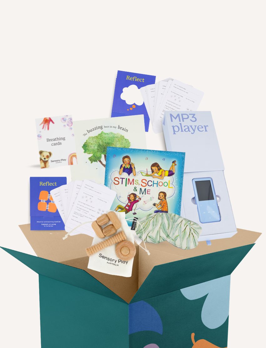 The Regulation and Reflection Kit by The Play Way contains various educational and sensory items. Visible items include a book titled "STIMS, SCHOOL & ME," breathing cards, a mini MP3 player, reflective journal cards, a sensory play kit, and a book titled "The Buzzing Busy Brain.