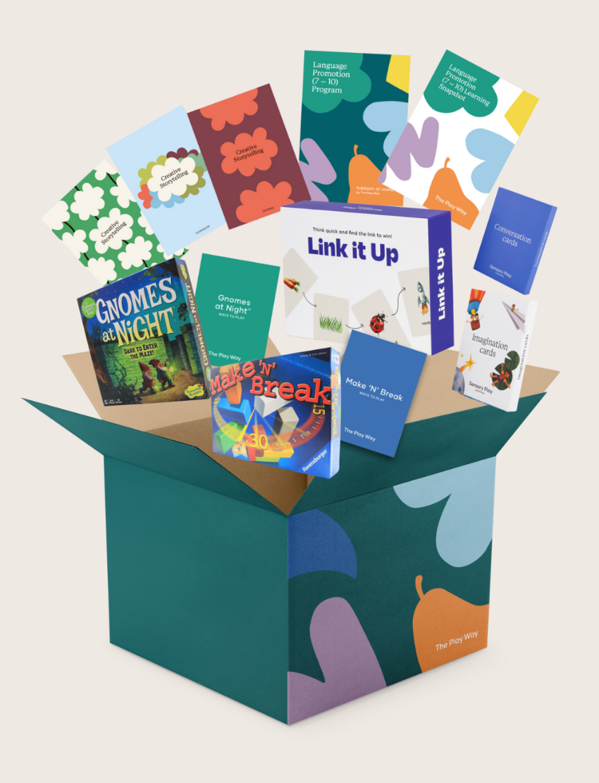 A teal box from The Play Way, called the Language Promotion Program, offers educational materials and board games like "Gnomes at Night," "Link it Up," and "Make 'N' Break." It includes a flyer on a language arts unit to boost language skills with fun activities.