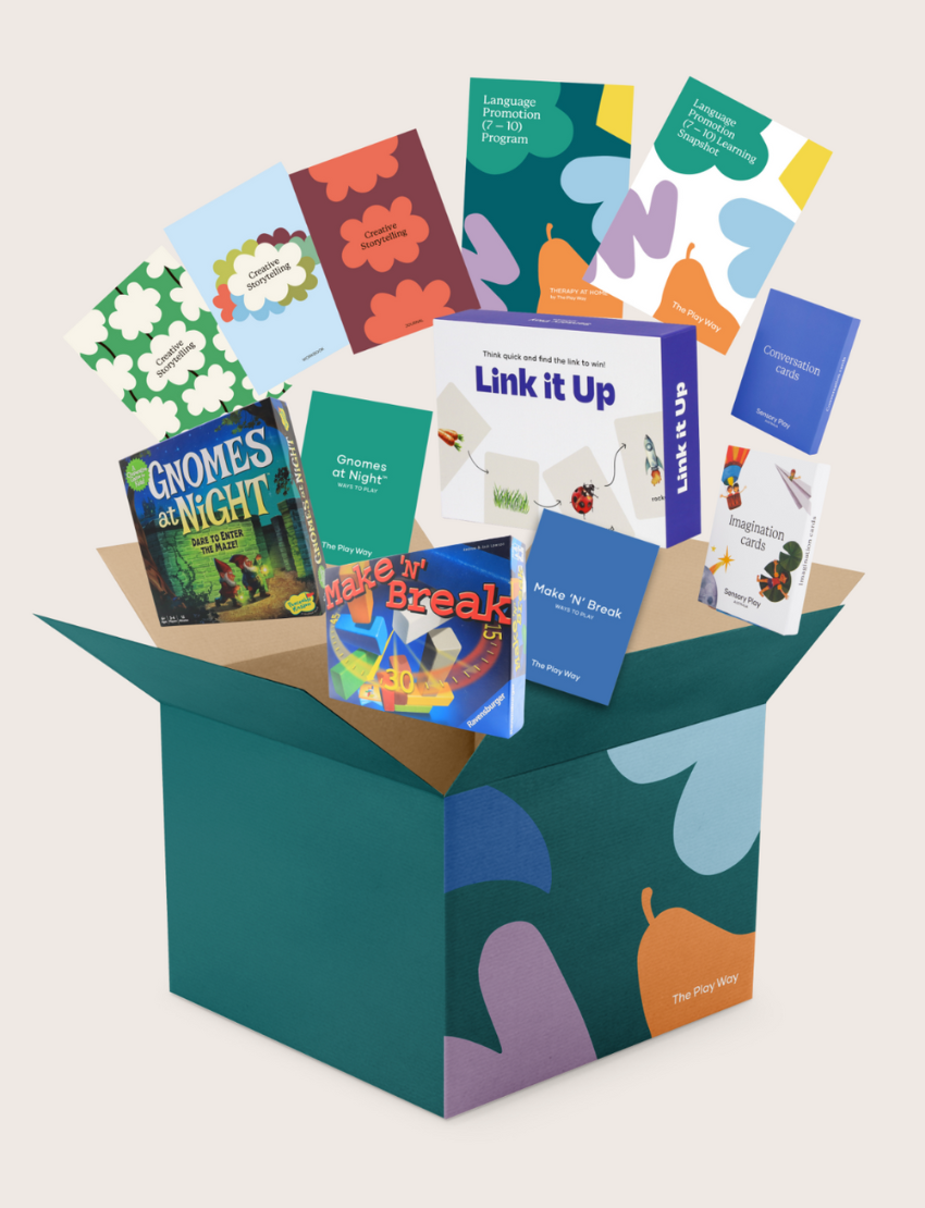 An open Therapy At Home Language Promotion Program box with playful green and teal designs reveals educational books, cards, and colorful language development activity materials neatly arranged inside.