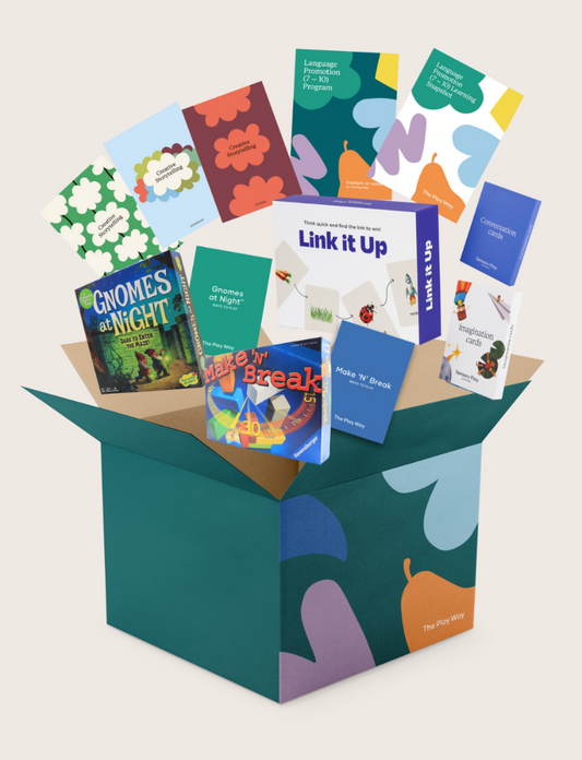 A teal box from The Play Way, called the Language Promotion Program, offers educational materials and board games like "Gnomes at Night," "Link it Up," and "Make 'N' Break." It includes a flyer on a language arts unit to boost language skills with fun activities.