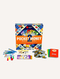 Pocket Money 2 by Knowledge Builder is a board game with play money, coins, cards, pawns, score pads, and dice. Its colorful money-themed design helps kids learn money management through saving and spending choices.