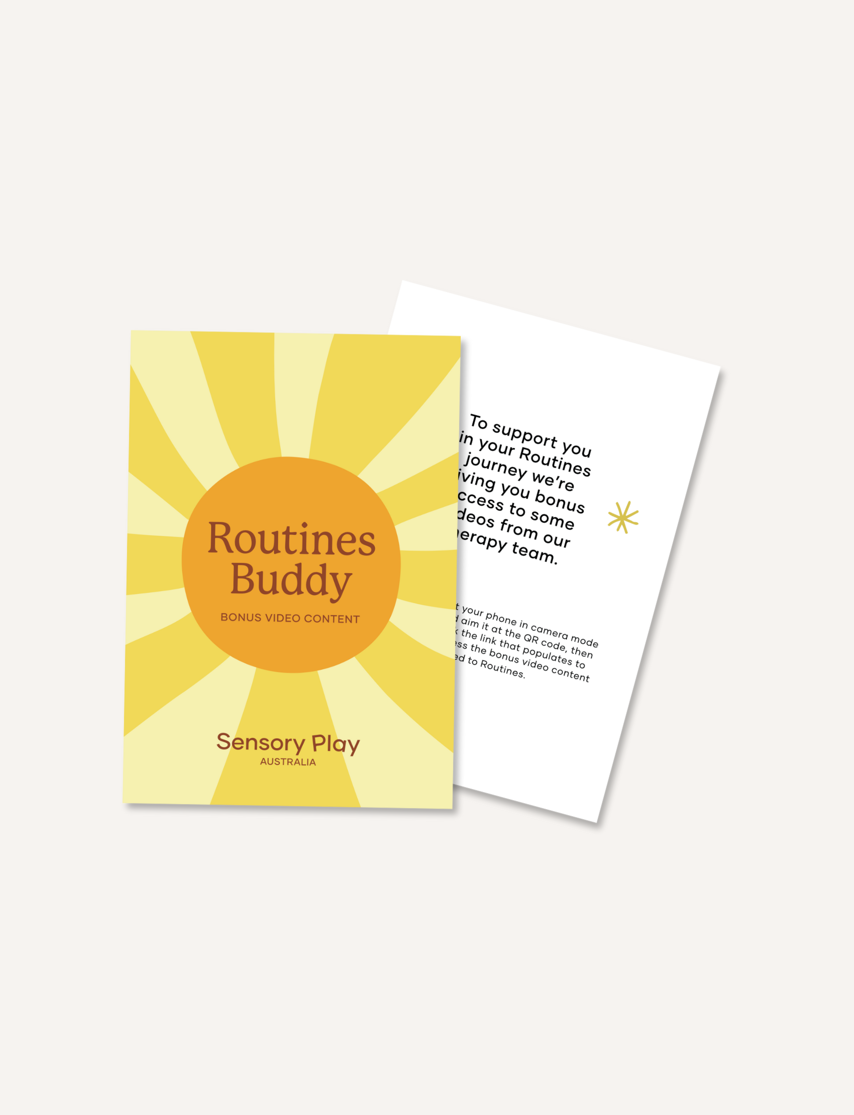 A yellow sunburst card for the Routines Buddy bonus video content. The card gives parents access to therapy team videos that offer expert guidance and support for establishing children's daily routines.