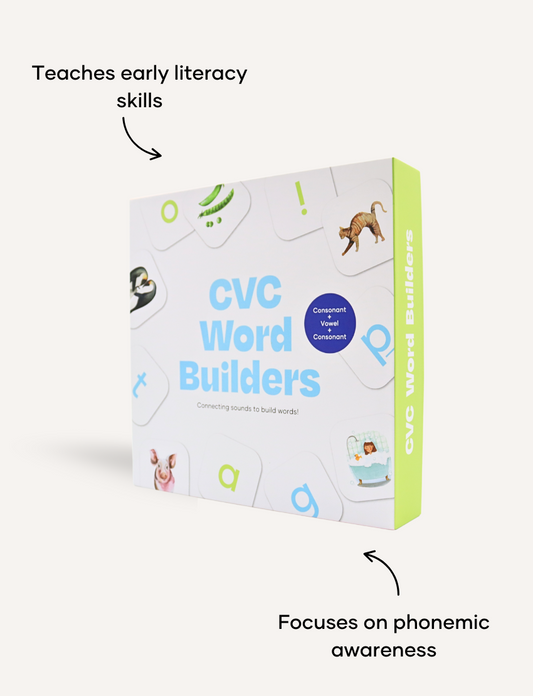 A white box titled "CVC Word Builders Game" by Sensory Play Australia displays colorful letters and images like a cat and worm to enhance phonemic awareness. The bright green side reads "CVC Word Builders," making literacy skills fun and engaging.