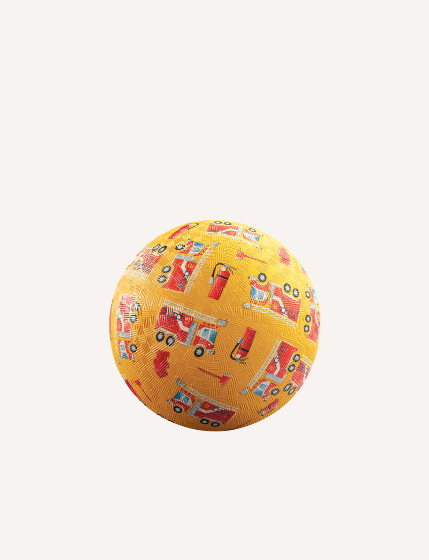 The Crocodile Creek 5 Inch Playground Ball features a vibrant yellow design with textured fire truck and hydrant illustrations. Ideal for active play, it enhances gross motor skills against a simple white background.