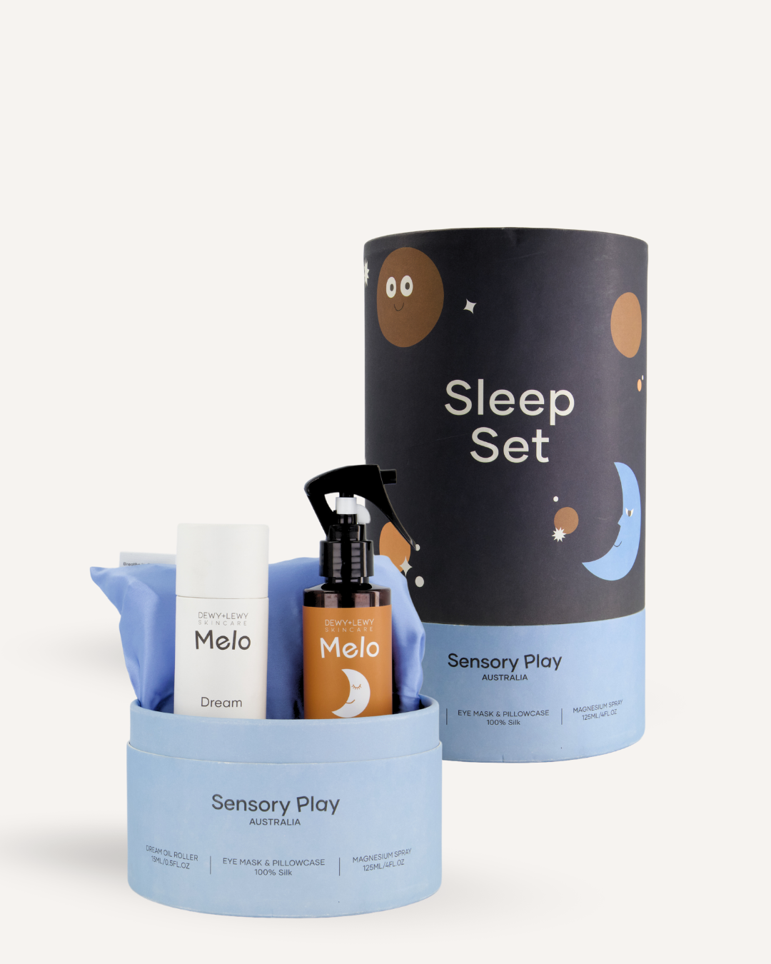 The Play Way Sleep Set with a roller, eye mask, and spray in a moon-themed box