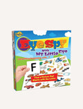 The Cheatwell Eye Spy With My Little Eye Game is a kids board game with a blue, cloud-themed box, colorful letters, object images, and a hand holding an 