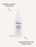 Melo Detangling Spray bottle: front view. Sulphate, paraben, silicone-free. Concentrated formula = longer lasting.