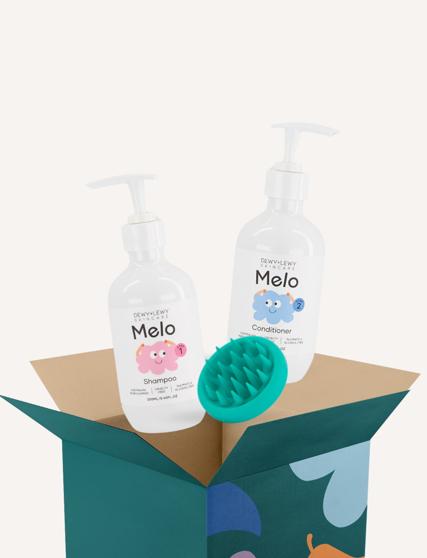 The Melo Hair Care Kit by The Play Way is packaged in a cardboard box featuring playful animal illustrations. Inside, you'll find the DewyLewy Melo Shampoo and Conditioner, as well as a Scalp Therapy Massager, all adding to the delightful charm of this set.