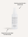 Melo Detangling Spray bottle: back view. Calming essential oils. Ergonomic pump ideal for little hands.