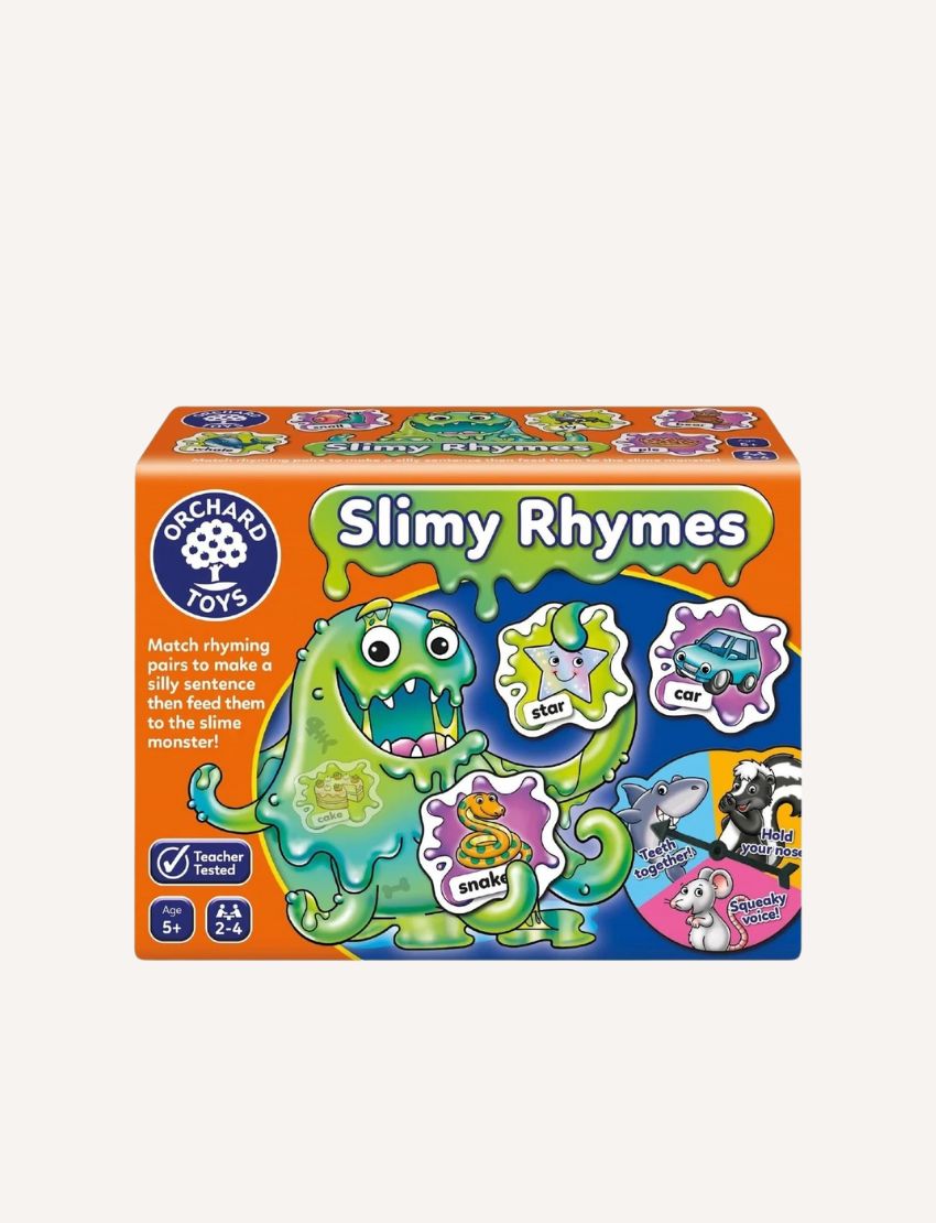 Orchard Toys Slimy Rhymes Game: a fun, teacher-tested educational game for ages 5+, 2-4 players, featuring a green slime monster and rhyming words like star, car, and snake to support speech and language development.
