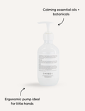 Melo Conditioner bottle: back view. Calming essential oils. Ergonomic pump ideal for little hands.