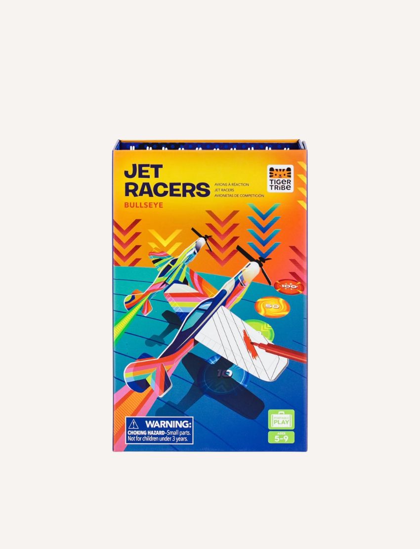 A vibrant Tiger Tribe Jet Racers - Bullseye box displays two foam planes in an action-packed set. The blue surface features arrows, product details, a small parts warning, and an age recommendation of 5-9 years.