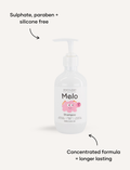 Melo Shampoo bottle: front view. Sulphate, paraben, silicone-free. Concentrated formula = longer lasting.