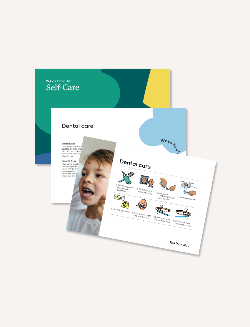 The Play Way Self-Care Instruction Cards, therapist-designed with visual steps for children's dental care and hygiene routines.