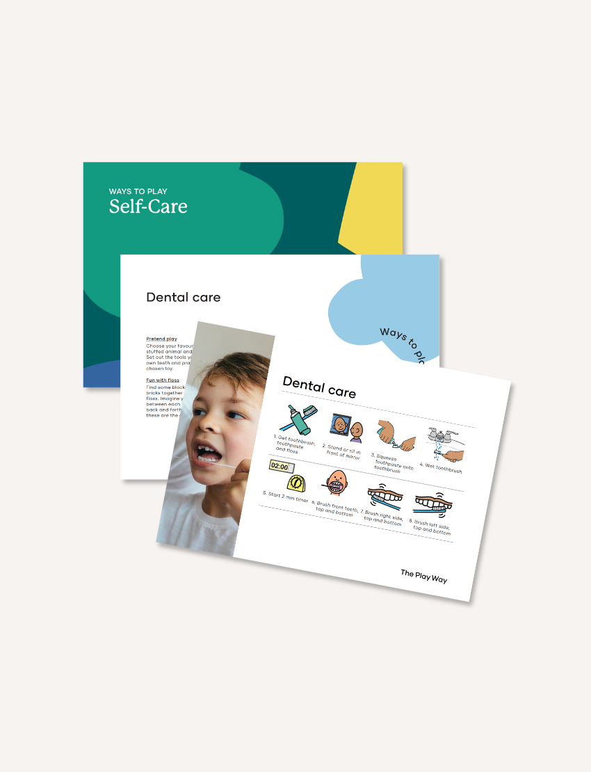 A set of instruction cards from The Play Way titled "Self-Care Instruction Cards," with a focus on dental care. The first card features playful icons and the title "Dental Care," while the second card displays a child brushing their teeth with step-by-step dental care illustrations.