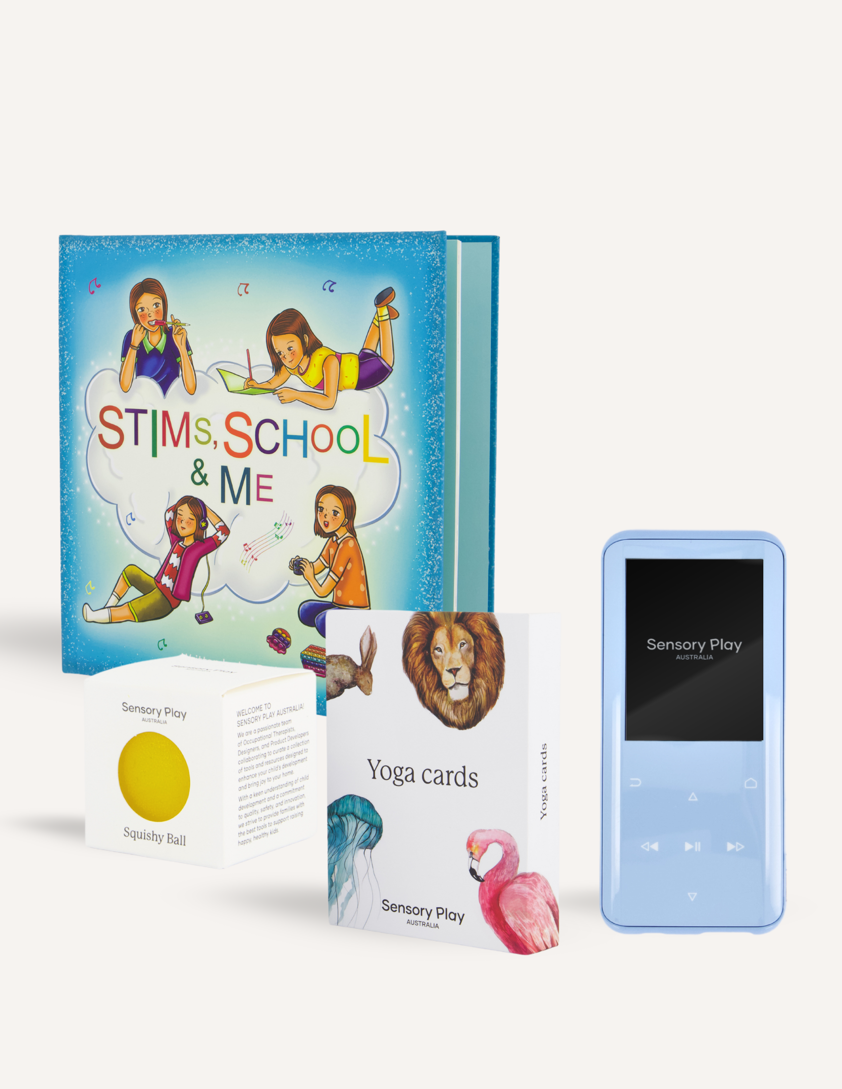 The Regulation + Behaviour Package by The Play Way includes the children's book "Stims, School & Me" about three kids, a Sensory Play yellow squishy ball, illustrated yoga cards for emotional regulation, and a light blue Sensory Play device to aid brain development.