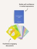 Open box of Sensory Play Australia's Conversation Cards, therapist designed to facilitate engaging discussions and build verbal confidence.