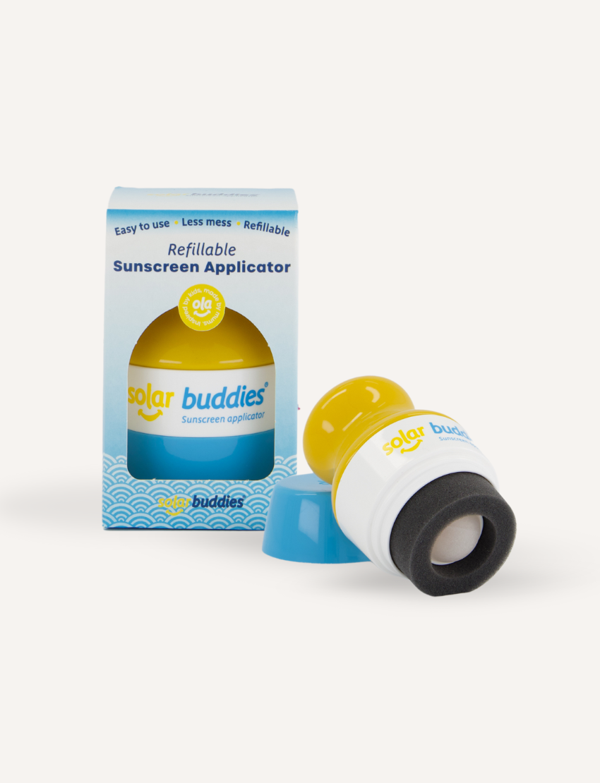 An image of the Solar Buddies Sunscreen Applicator by Solar Buddies. The product features a yellow and white handle with a blue removable cap and a black sponge applicator. The accompanying packaging is blue and white, highlighting key features such as "Easy to use," "Less mess," and "Refillable.