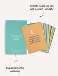 Sensory Play Australia's Affirmation Card Set: Teal box and fan of colorful cards, fostering emotional regulation and positive thinking.