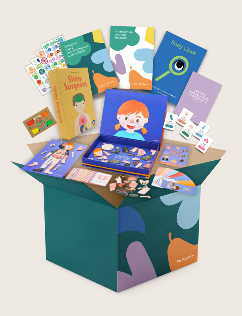 The Emotions Part 2: Discovering our Body's Clues Program by Therapy At Home features illustrated books, activity cards, stickers, educational sheets, and game pieces to help kids build body awareness and emotional regulation through fun play with anatomical cut-outs.