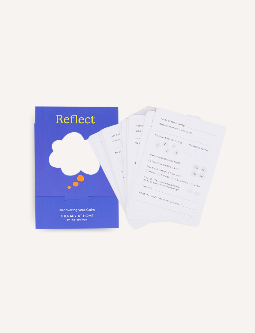 The Regulation and Reflection Kit by The Play Way contains various educational and sensory items. Visible items include a book titled "STIMS, SCHOOL & ME," breathing cards, a mini MP3 player, reflective journal cards, a sensory play kit, and a book titled "The Buzzing Busy Brain.