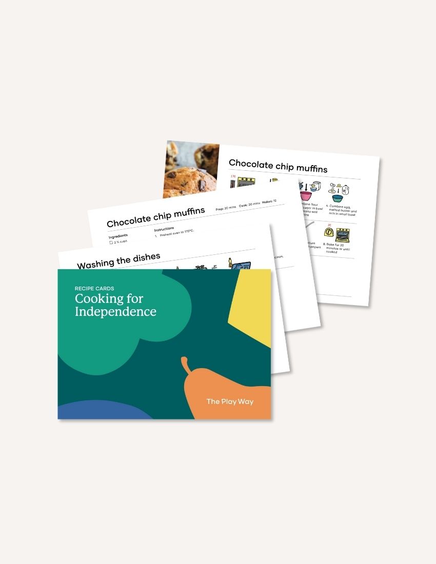 A stack of The Play Way Cooking for Independence visual recipe cards, featuring 'Chocolate Chip Muffins'. These therapist-designed tools build kids' kitchen skills.