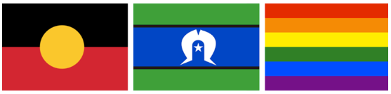 Three flags: Aboriginal flag, Torres Strait Islander flag, and rainbow pride flag.