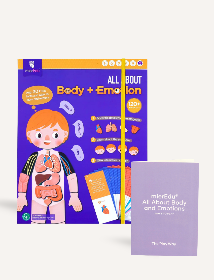The "All About My Body + Emotion" kit by mierEdu introduces kids to body parts and emotions with illustrated cards and a booklet. Its colorful cover, featuring a cartoon child with labeled organs, enhances children's learning.