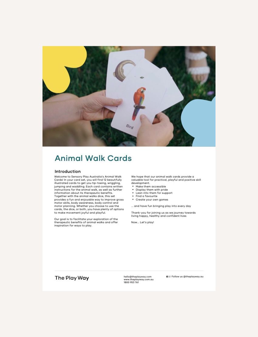A flyer for The Play Way’s Animal Walks Cards Digital Resource shows a person holding cards with animal images and names. It describes therapeutic uses for gross motor skills and includes contact info, set on colorful abstract shapes.