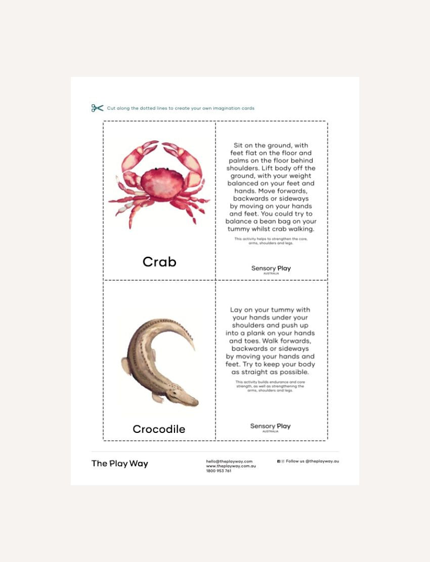 A flyer for The Play Way’s Animal Walks Cards Digital Resource shows a person holding cards with animal images and names. It describes therapeutic uses for gross motor skills and includes contact info, set on colorful abstract shapes.