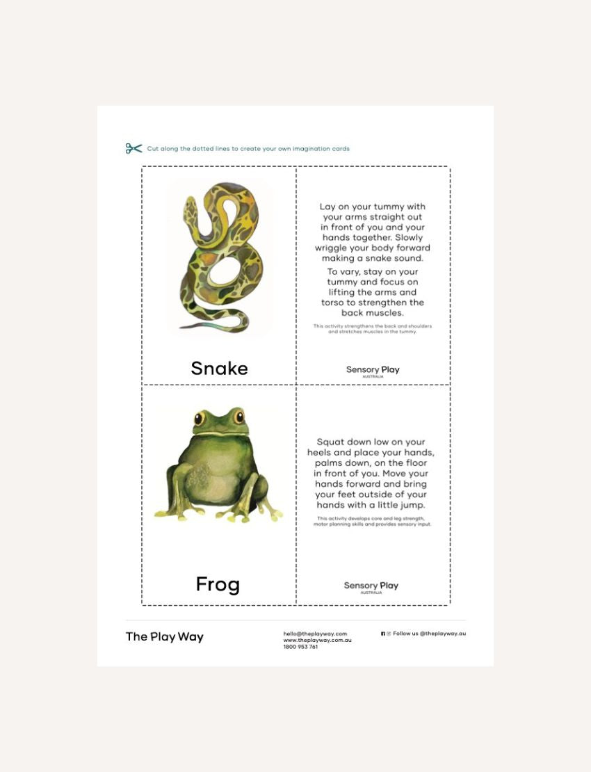 A flyer for The Play Way’s Animal Walks Cards Digital Resource shows a person holding cards with animal images and names. It describes therapeutic uses for gross motor skills and includes contact info, set on colorful abstract shapes.