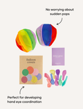 Sensory Play Australia Balloon Covers set, includes a rainbow cover, game box, and uninflated balloons, ideal for developing hand-eye coordination.