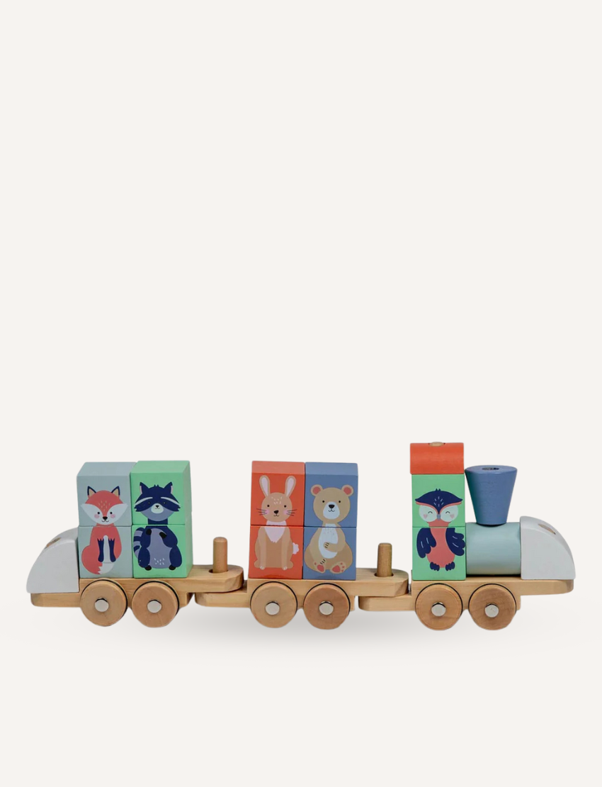 The Moover Block Train features four carriages with colorful block animals—a cartoon fox, raccoon, bunny, bear, and bird. Made with non-toxic paints on a natural wooden base with wheels, it's perfect for enhancing young children's motor skills.