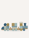 The Moover Block Train features four carriages with colorful block animals—a cartoon fox, raccoon, bunny, bear, and bird. Made with non-toxic paints on a natural wooden base with wheels, it's perfect for enhancing young children's motor skills.