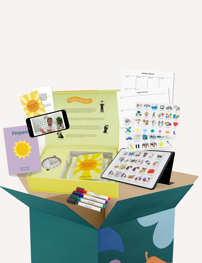 A yellow box labeled "Routines Buddy" from Sensory Play Australia contains various items, including colorful markers, a booklet, a circular timer, and an assortment of printed cards with images. Nearby are a phone and a tablet displaying related content. A weekly planner and stickers are also visible.