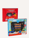 Two spiral-bound Chalk Board Sketchbooks by Floss & Rock are displayed, showcasing eco-friendly design. The front cover features construction-themed illustrations with the title, and the vibrant red back cover lists contents and usage. Suitable for ages 3 and up.