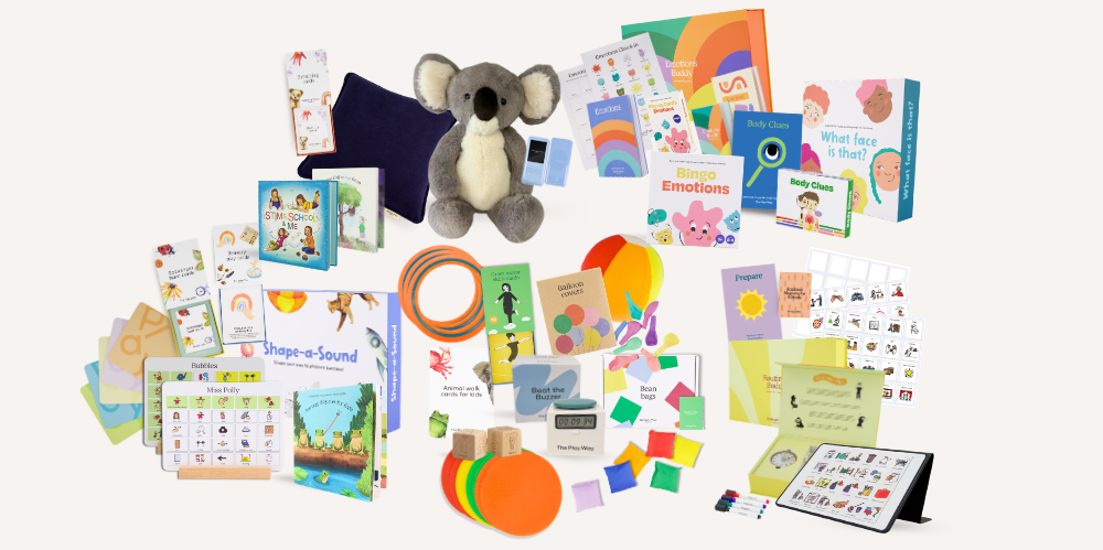 The Play Way Starter Pack Credit for Educators and Clinicians by The Play Way includes educational materials and toys like books, activity cards, a plush koala, colored papers, geometric shapes, timers, markers, stickers, and more.