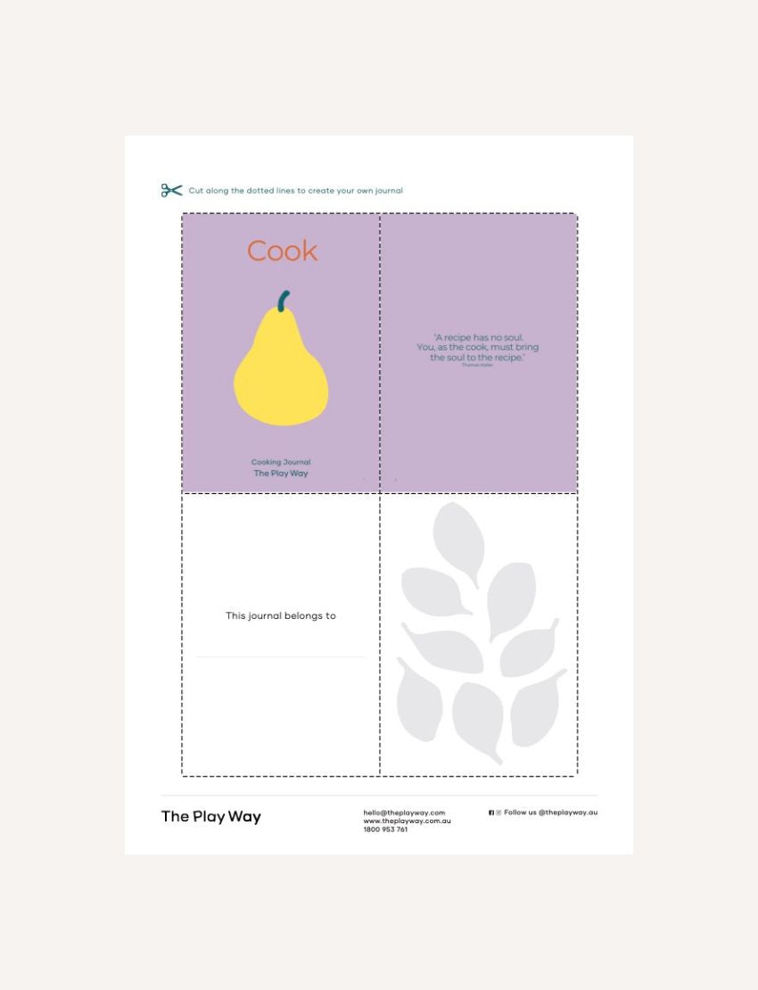 A person holds The Play Way’s “Cooking Journal Digital Resource,” featuring a yellow pear on the cover; an inside page introduces this tool for building food confidence and provides contact info for The Play Way.