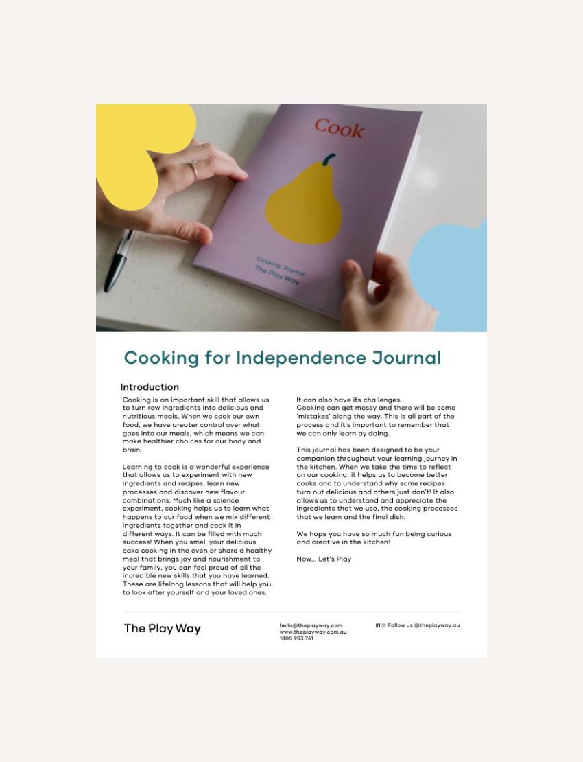 A person holds The Play Way’s “Cooking Journal Digital Resource,” featuring a yellow pear on the cover; an inside page introduces this tool for building food confidence and provides contact info for The Play Way.