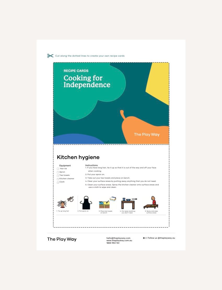 The Play Way’s Recipe Cards Digital Resource features a "Cooking for Independence" card with a vibrant abstract design, step-by-step kitchen hygiene tips, playful illustrations for kids’ life skills, and brand logo at the bottom.