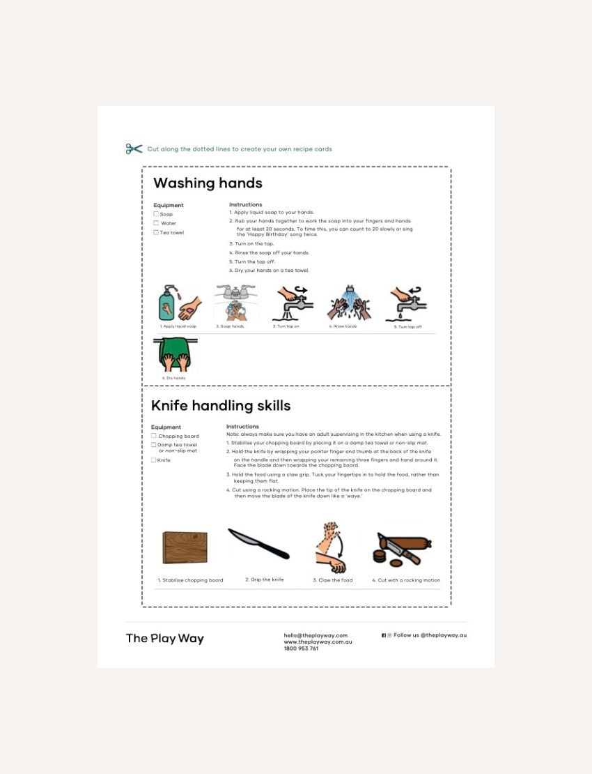 The Play Way’s Recipe Cards Digital Resource features a "Cooking for Independence" card with a vibrant abstract design, step-by-step kitchen hygiene tips, playful illustrations for kids’ life skills, and brand logo at the bottom.